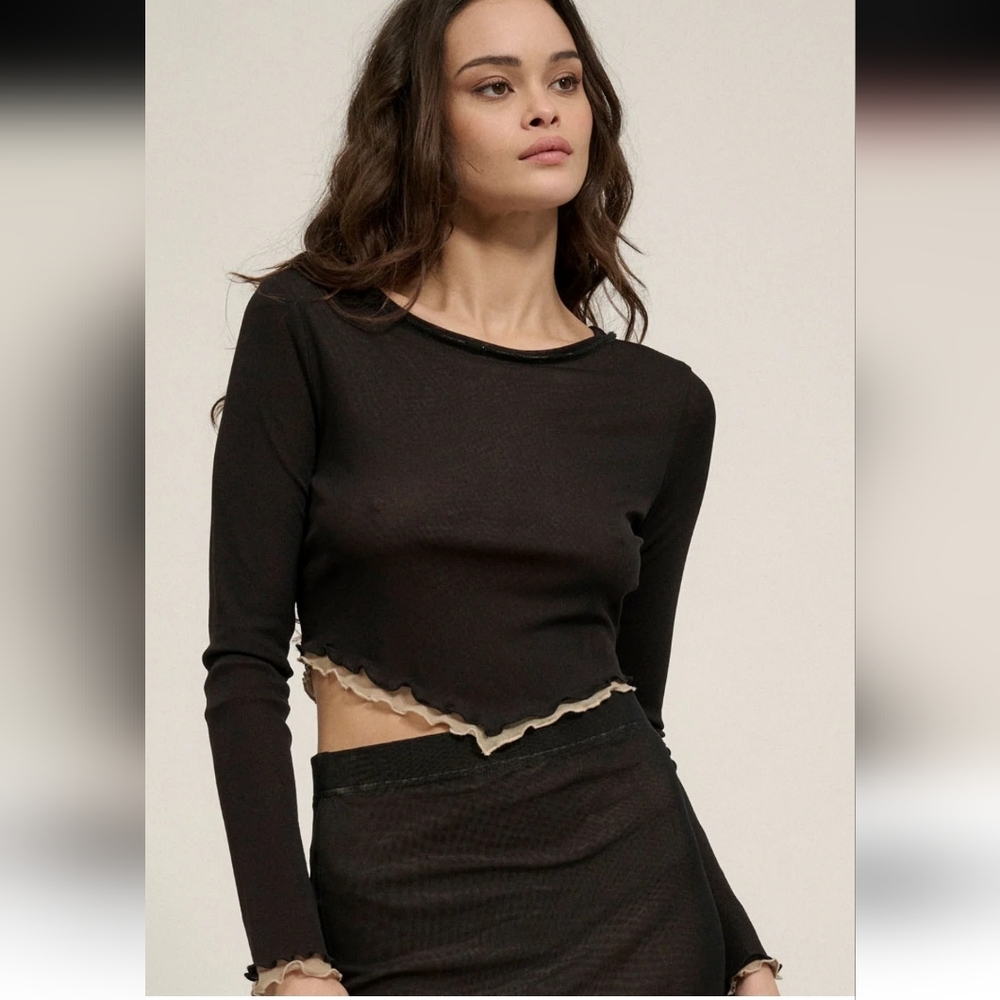 PromesaSantos Mesh Crop Black and Tan Long Sleeve Top Medium